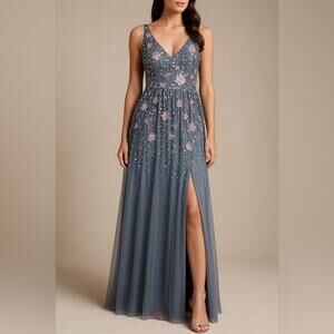 Adrianna Papell Floral Embellished V-Neck Formal Sequin Gown Size 8 NWT